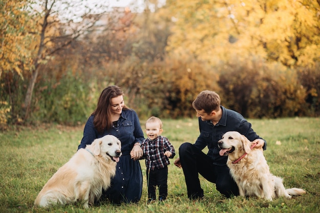 Foto famiglia con un bambino e due golden retriever in un parco di autunno