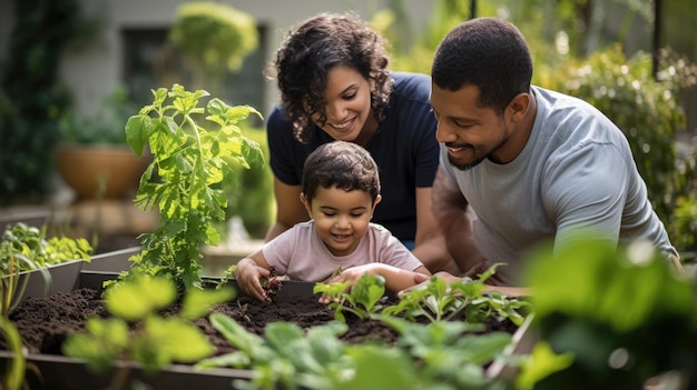 子供連れの家族が裏庭で植物の世話をしてガーデニングをしている