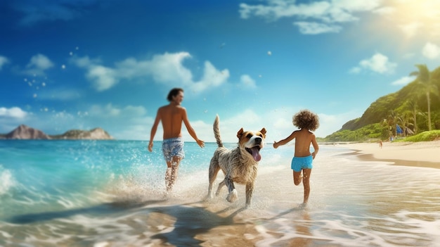 family with children and dog walking run relax on seawater on sunny day beach