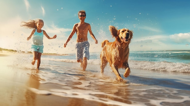 어린이와 개 산책을 하는 가족이 화창한 날 해변에서 바닷물에서 휴식을 취하십시오.