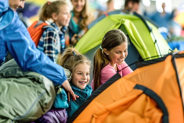 A family with children excitedly perusing camping gear aisles selecting tents and sleeping bags for