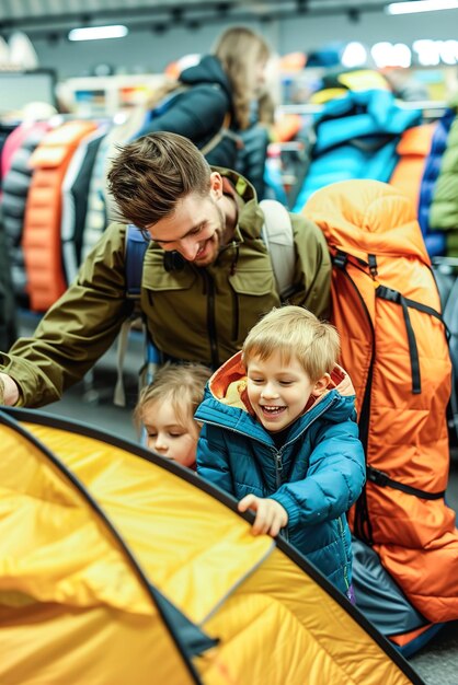 A family with children excitedly perusing camping gear aisles selecting tents and sleeping bags for