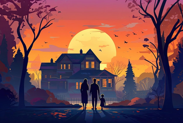 family with children in front of a house in the style of colorful animations