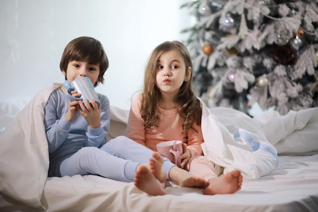 クリスマス休暇中にカバーの下のベッドで楽しんでいる子供たちと家族