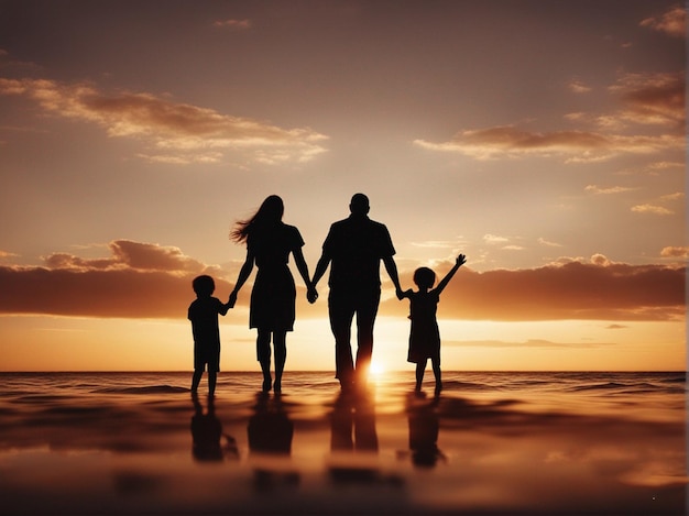 Foto una famiglia con i bambini in piedi sulla spiaggia e il tramonto dietro di loro.