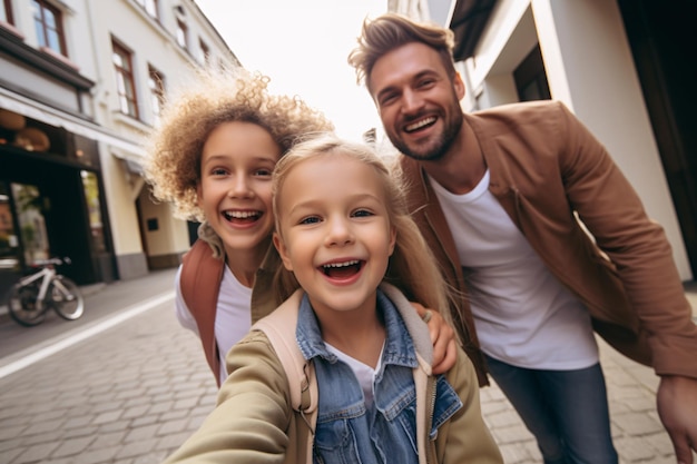 family with children on the streets of the city