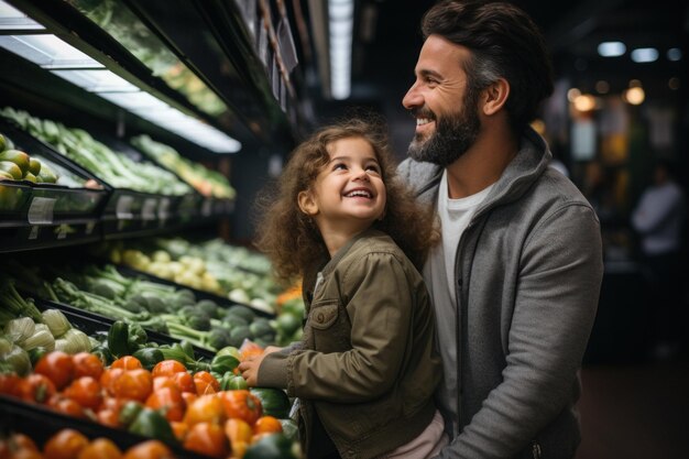 Photo family with dad and little daughter shopping in a grocery store
