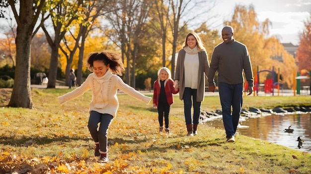 Family with daughter in a autumn park