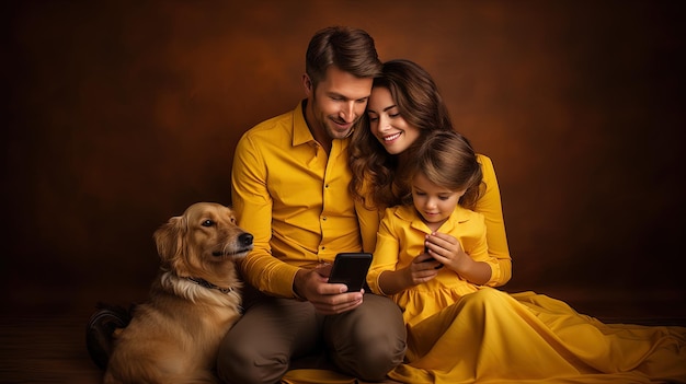 A family with a dog and a dog looking at a tablet.