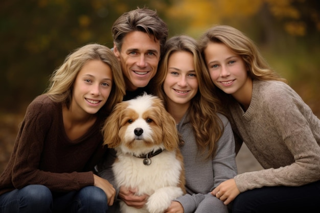 Foto famiglia con il cane che posa per un ritratto il concetto è legame familiare e gioia