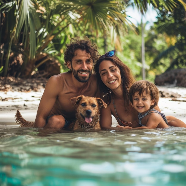 Photo family with dog in water generative ai