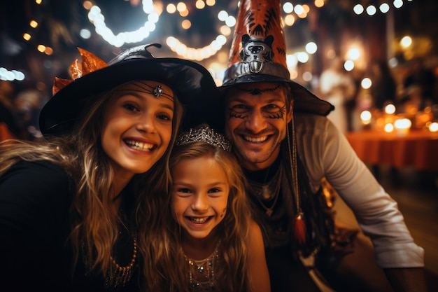Photo family with halloween costumes taking selfie on a party celebrating generative ai