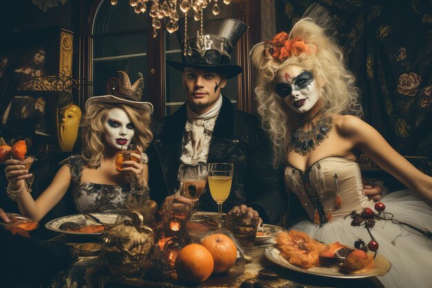 Family with Halloween costumes taking a selfie on a party