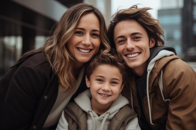 Семья со счастливым выражением лица на открытом воздухе в городе, созданная AI