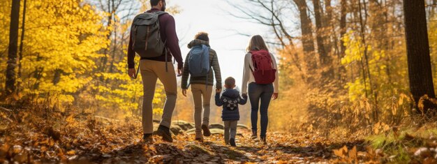 Family with kid hiking in the mountains in autumn