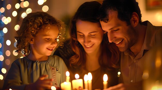 a family with a lit up candle and a child looking at them