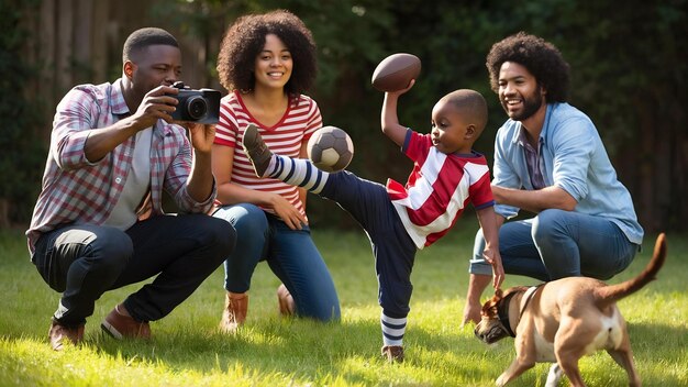 Photo family with little son playing football