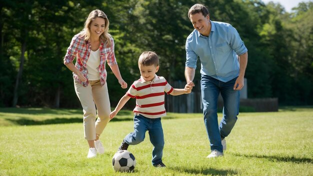 Family with little son playing football