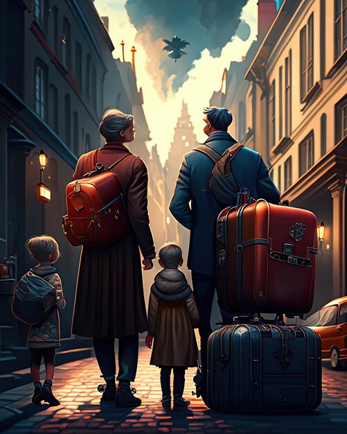 Фото Семья с багажом на улице, прибывающая в город, миграция