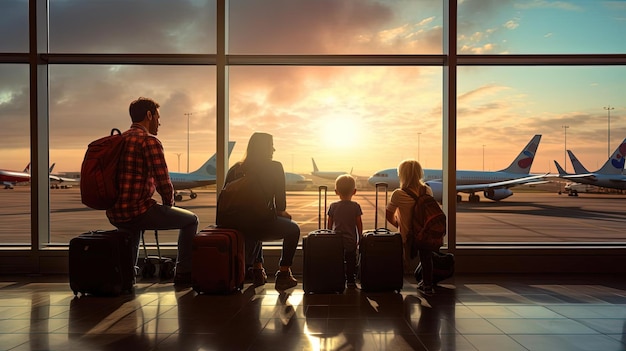 family with luggage sitting by a window waiting for the airplane at the airport