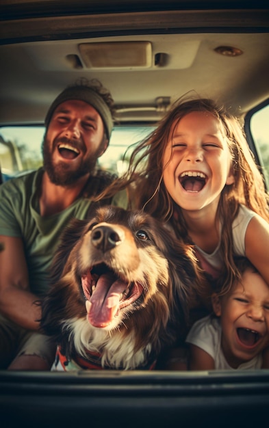 Family with pet dog traveling by car and having fun on the way to vacation