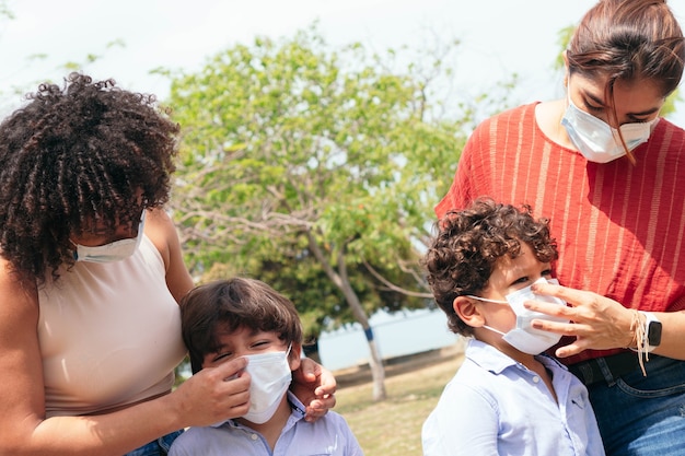 Family with protective mask in the park