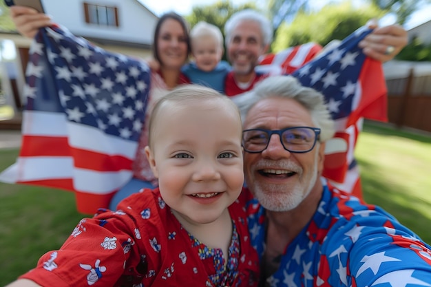 写真 family with seniors and baby hold american flag barbecue celebration 4 july independence day