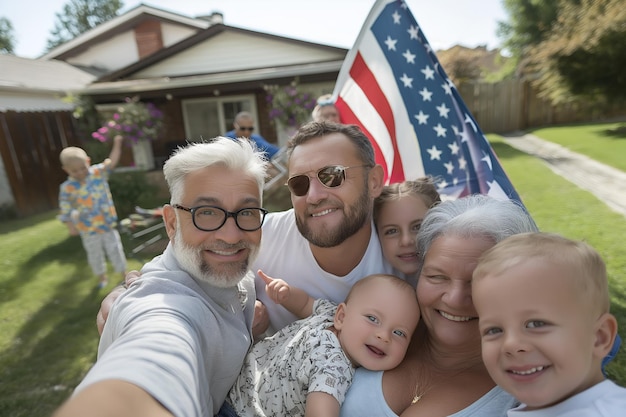 写真 family with seniors and baby hold american flag barbecue celebration 4 july independence day