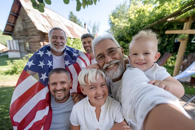Photo family with seniors and baby hold american flag barbecue celebration 4 july independence day