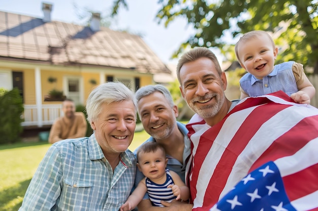 family with seniors and baby hold American Flag barbecue celebration 4 July Independence Day