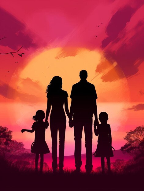 夕日を背景に見る家族