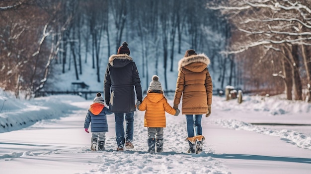 A family with two small children is seen trudging in the snow from behind in the winter GENERATE AI