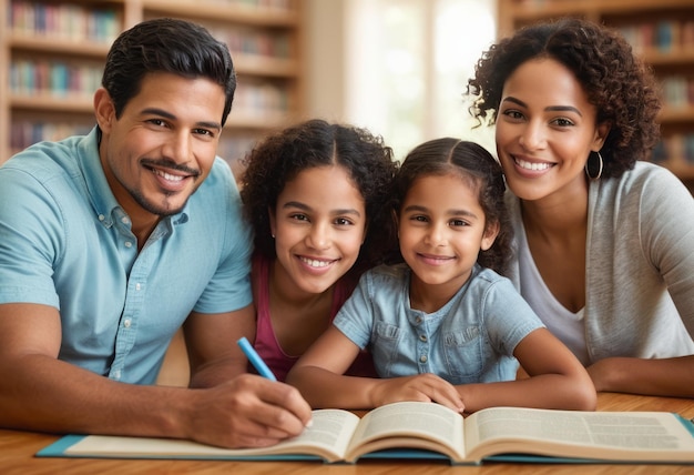 Семья с маленькими детьми, читающими вместе, символизирующая совместное обучение и семейные связи через