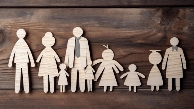 A family of wood figures are arranged on a wooden surface.