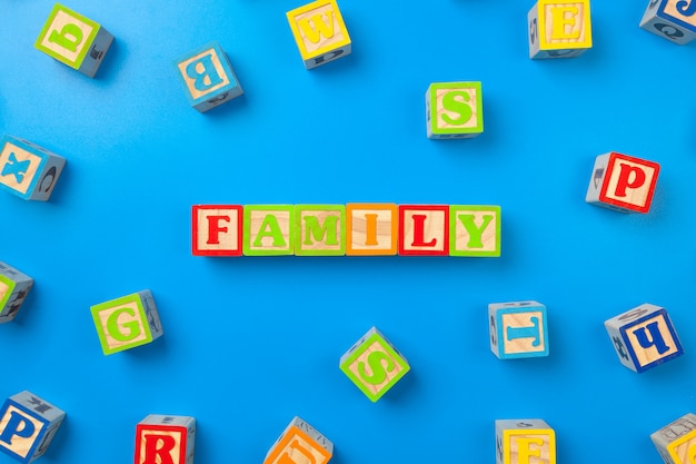 Family. Wooden colorful letter blocks with the word 