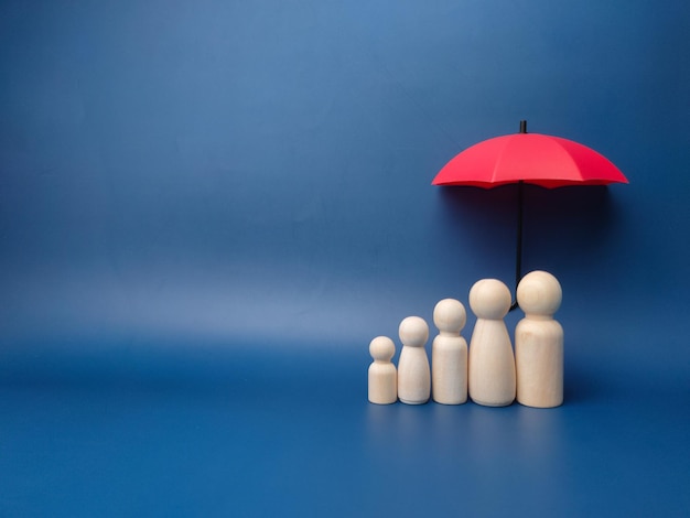 A family of wooden dolls are hiding under a red umbrella protecting wooden peg dolls planning saving families preventing risks and crises health care and insurance concepts