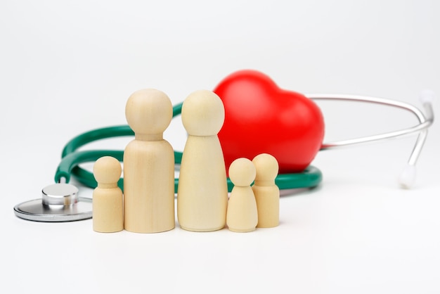 Family of wooden figures of men on background of red heart and stethoscope, health insurance concept, close up