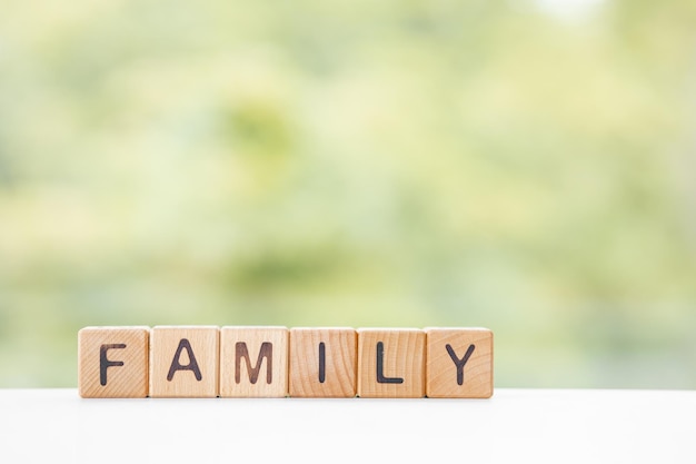 写真 家族の言葉は、緑の夏の背景に木製の立方体に書かれています木製の要素のクローズアップ