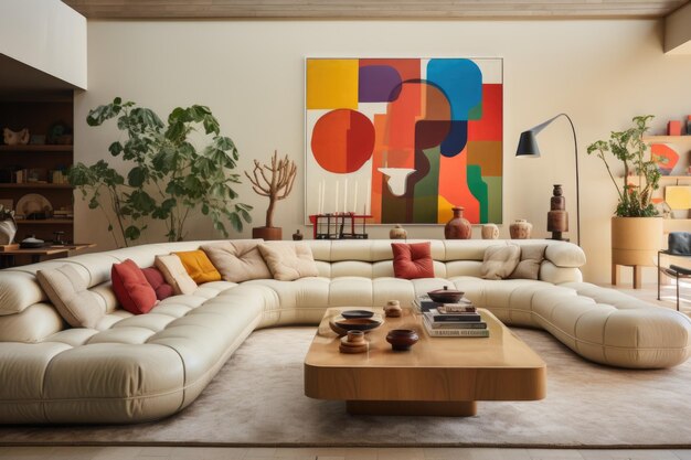 FamilyFocused Space A multipurpose family room with a large sectional sofa game table and wallmounte Premium AI generated image