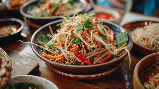 Foto a familyowned thai restaurant showcasing their signature dish a beautifully plated thai papaya salad as a highlight of their menu