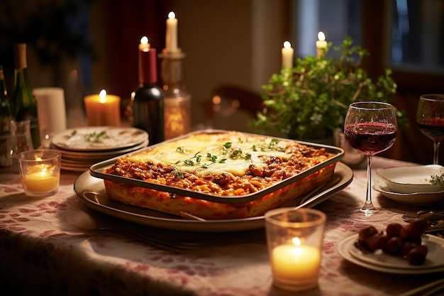 家庭式の夕食のテーブルには,自家製のラザンガの大きなトレイがあり,ワイングラス,ろうそくで暖かく,招待的なダイニングルームの ⁇ 囲気があります.