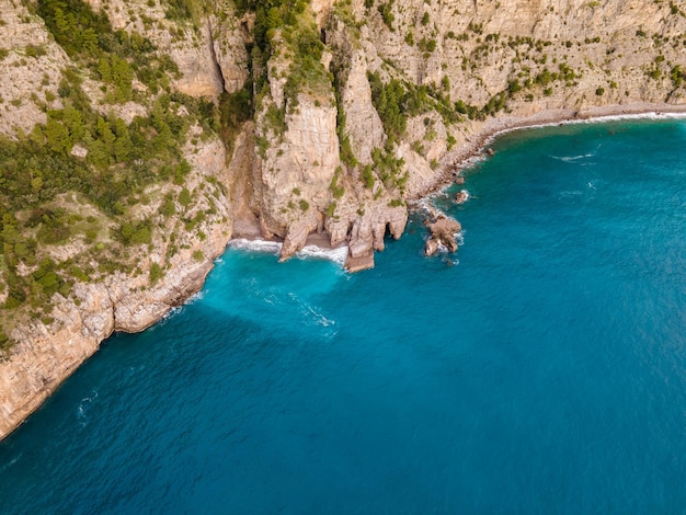 The famous Amalfi Coast, view of the cliffs and the sea from a drone. Tourist destination in Italy