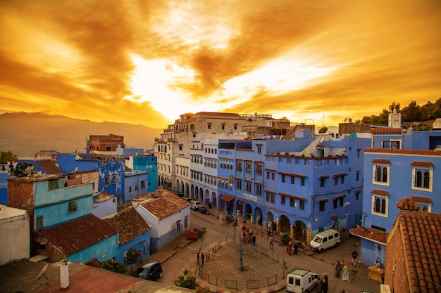 The famous blue city of Chefchaouen, top view. 