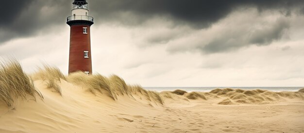 Photo famous brick lighthouse darsser ort leuchturm with sand and dunes landscape and moody dark winter storm clouds