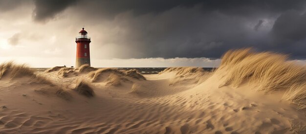 Photo famous brick lighthouse darsser ort leuchturm with sand and dunes landscape and moody dark winter storm clouds