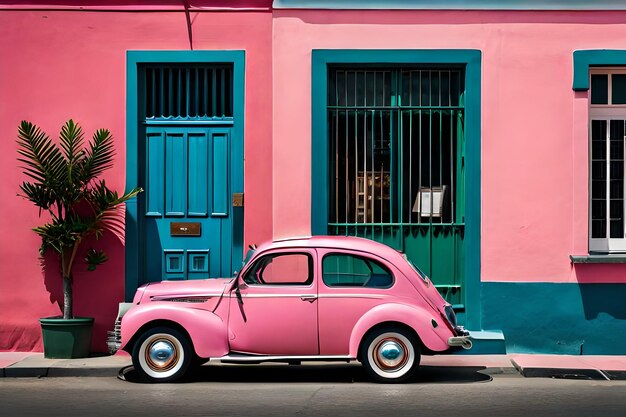 Famous bright color retro car parked by colorful houses in Bo Kaap district in Cape Town