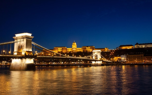 Famous chain bridge in Budapest at night Hungarian landmarks Danube river