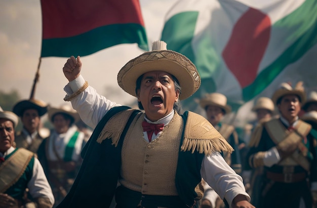 Famous character with traditional clothes fighting on Mexico's independence day