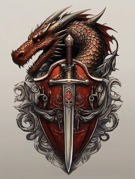 Famous Chinese legendary dragon tattoo with shield and sword