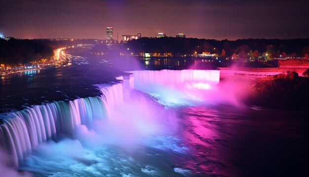 Famous cityscape illuminated by sunset reflecting in flowing water generated by artificial intelligence